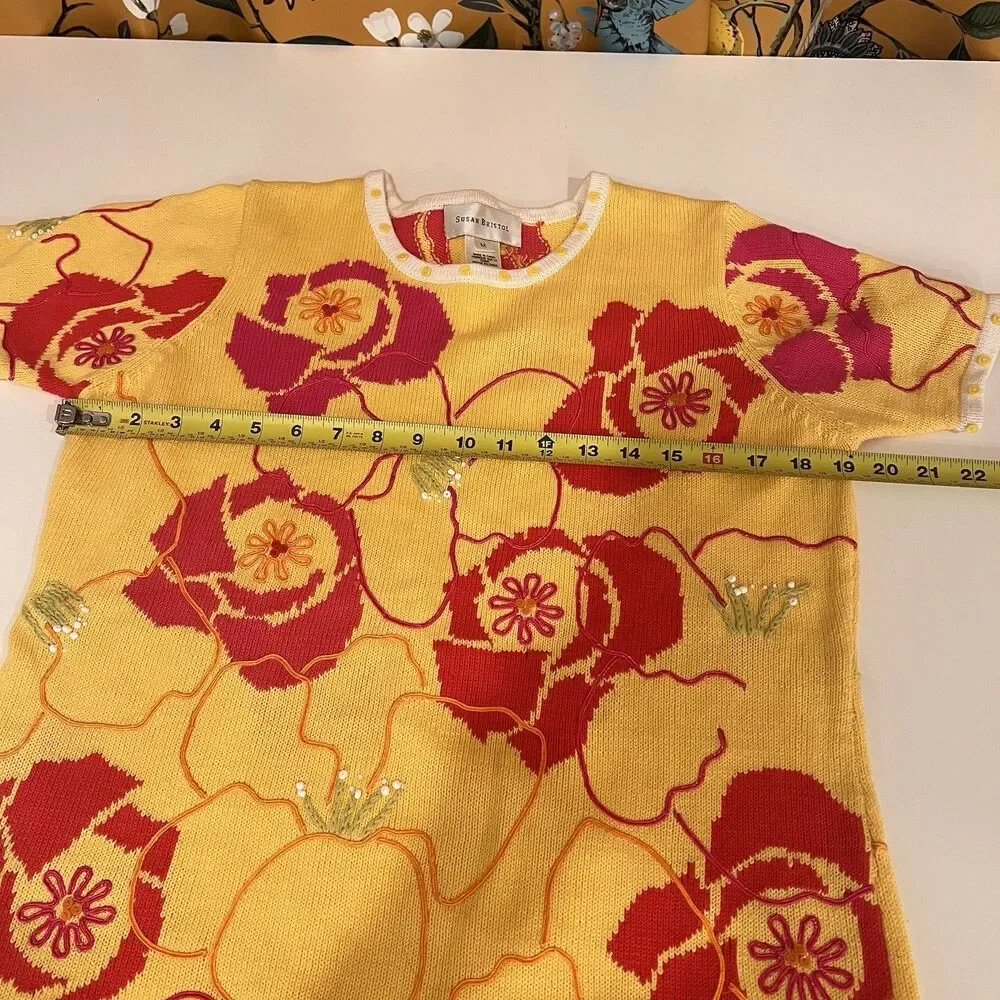 Susan Bristol Vintage Sweater Floral Bouquet Short Sleeve Size M Preppy Academia - Picture 7 of 8